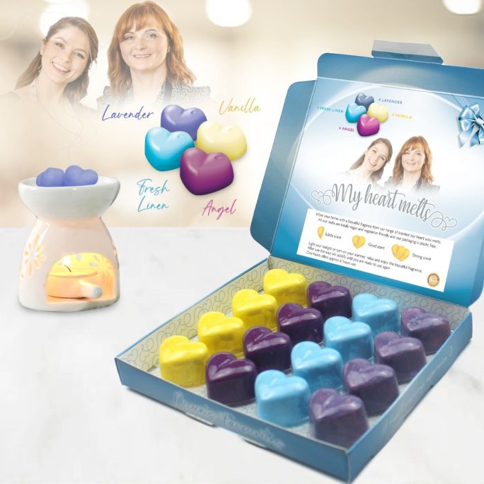 Favoritos de mamá - Cera derretida mixta - 4 de cada uno de 4 ángeles, 4 lino fresco, 4 lavanda, 4 cera derretida de vainilla, en caja de presentación, set de regalo para el día de la madre 16 x 5 g perfumado en forma de corazón. 