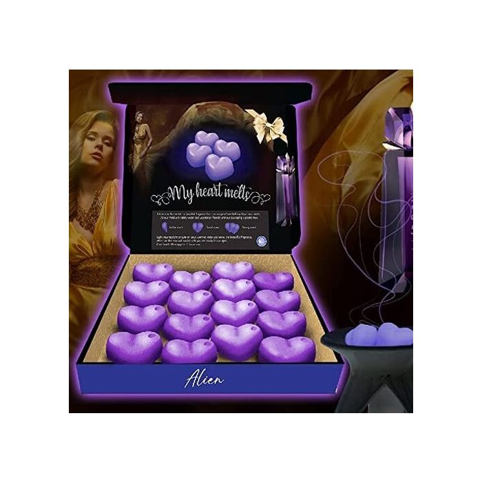 Alien Wax Melts: 16 piezas x 5 g de cera perfumada en forma de corazón inspirada en Alien Perfume, en una caja de regalo de presentación, vegana y apta para mascotas, libre de crueldad y plástico, hecha a mano en el Reino Unido, alternativa a las velas 