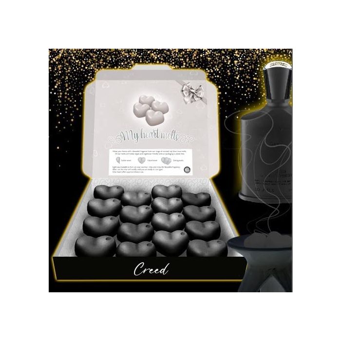 Creed Wax Melts: 16 x 5 g de cera perfumada en forma de corazón inspirada en el perfume Creed en una caja de regalo de presentación, vegana y apta para mascotas, libre de crueldad animal, alternativa a las velas 