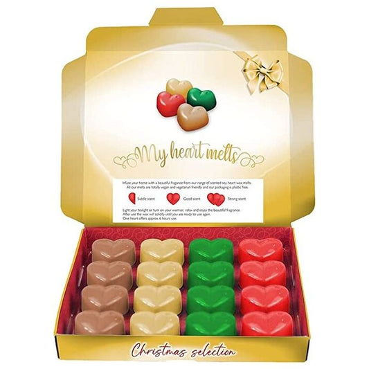 Cera mixta navideña para derretir: 16 derretimientos en forma de corazón en una caja de regalo de presentación, 4 piezas de cada uno: vino caliente, árbol de Navidad, pan de jengibre y canela 