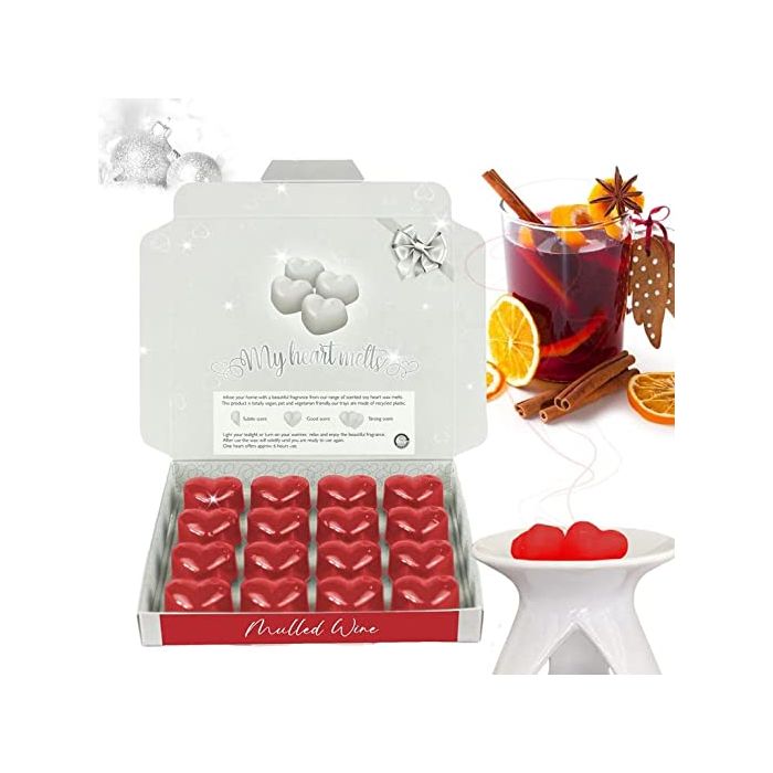 Mulled Wine Wax Melts: 16 x 5g PCS Heart Shaped Scented Wax Melts in a Presentation Gift Box, Vegan & Pet Friendly, Cruelty Free, Candle Alternative