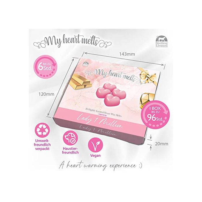 Lady Million Wax Melts, 16 x 5g Heart Shaped Lady 1 Million Wax Melts, in Presentation Gift Box,Premium Quality, Handmade with Love, Lady One Million Perfume Wax Melts Strong Scented Candle Alternative 2