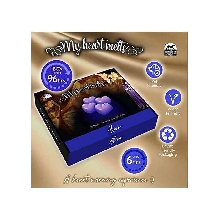 Alien Wax Melts: 16 piezas x 5 g de cera perfumada en forma de corazón inspirada en Alien Perfume, en una caja de regalo de presentación, vegana y apta para mascotas, libre de crueldad y plástico, hecha a mano en el Reino Unido, alternativa a las velas 