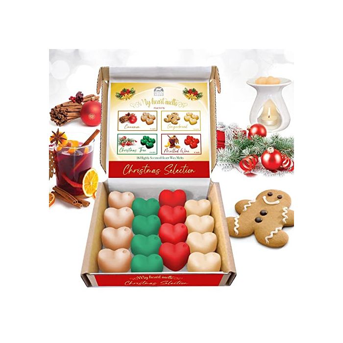 Weihnachtswachsschmelze: 16 x 5 g herzförmige Wachsschmelze, stark duftende Weihnachtsauswahl, Zimt, Lebkuchen, Glühwein, Kiefern-Weihnachtsbaum, in Weihnachtsgeschenkbox, eine Kerzenalternative 