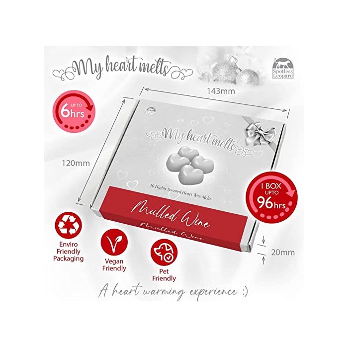 Mulled Wine Wax Melts: 16 x 5g PCS Heart Shaped Scented Wax Melts in a Presentation Gift Box, Vegan & Pet Friendly, Cruelty Free, Candle Alternative