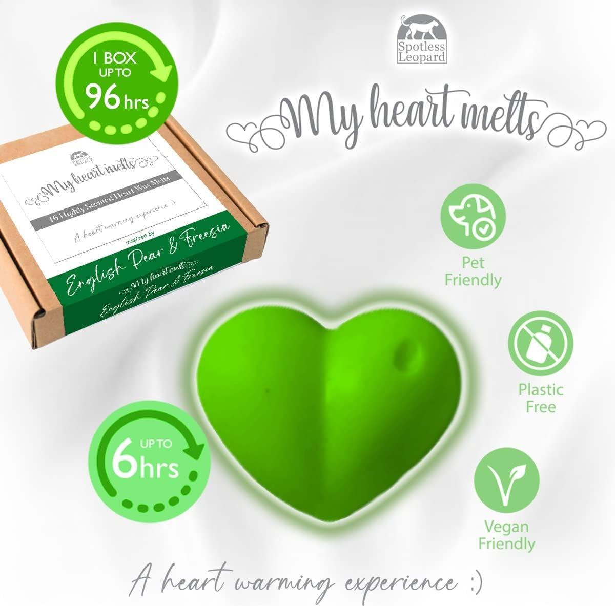 English Pear & Freesia Wax Melts: 16 x 5g Heart Shaped |Scented Wax Melts, Vegan & Pet Friendly, Cruelty & Plastic Free, Handmade in UK, Candle Alternative