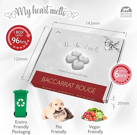 Baccarat Rouge Wax Melts - 16 x 5g Heart-Shaped, Delights Fragrance in an Elegant Presentation Gift Box - Spotless Leopard - Aromatic Gift Set - Made in UK