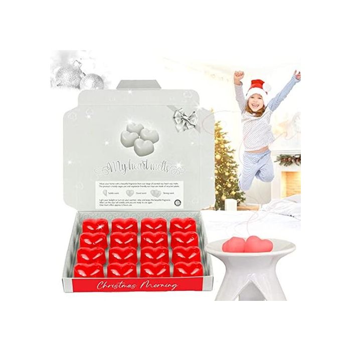 Christmas Morning Wax Melts: 16 x 5g PCS Heart Shaped Scented Wax Melts in a Presentation Gift Box, Vegan & Pet Friendly, Cruelty Free, Candle Alternative