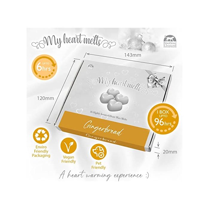 Gingerbread Wax Melts: 16 x 5g PCS Heart Shaped Scented Wax Melts in a Presentation Gift Box, Vegan & Pet Friendly, Cruelty Free, Candle Alternative