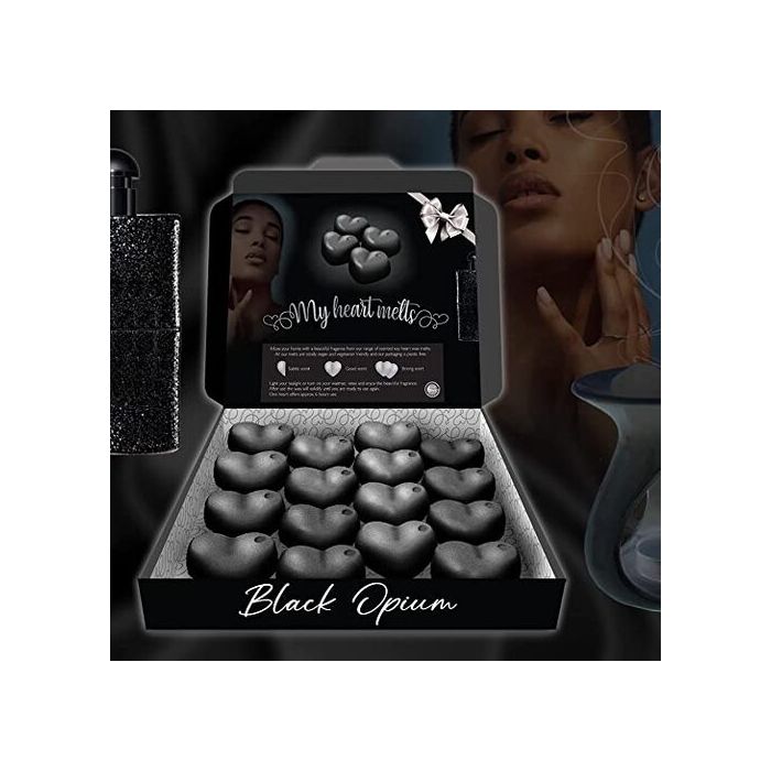 Black Opium Wax Melts: 16 x 5 g Heart Shaped Wax Melts Scented and Inspired by Black Opium Perfume in a Presentation Gift Box, Vegan & Pet Friendly, Cruelty Free, Candle Alternative