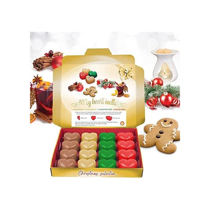 Weihnachtliche gemischte Wachsschmelzen: 16 herzförmige Wachsschmelzen in einer Geschenkbox, je 4 Stück Glühwein, Weihnachtsbaum, Lebkuchen, Zimt 