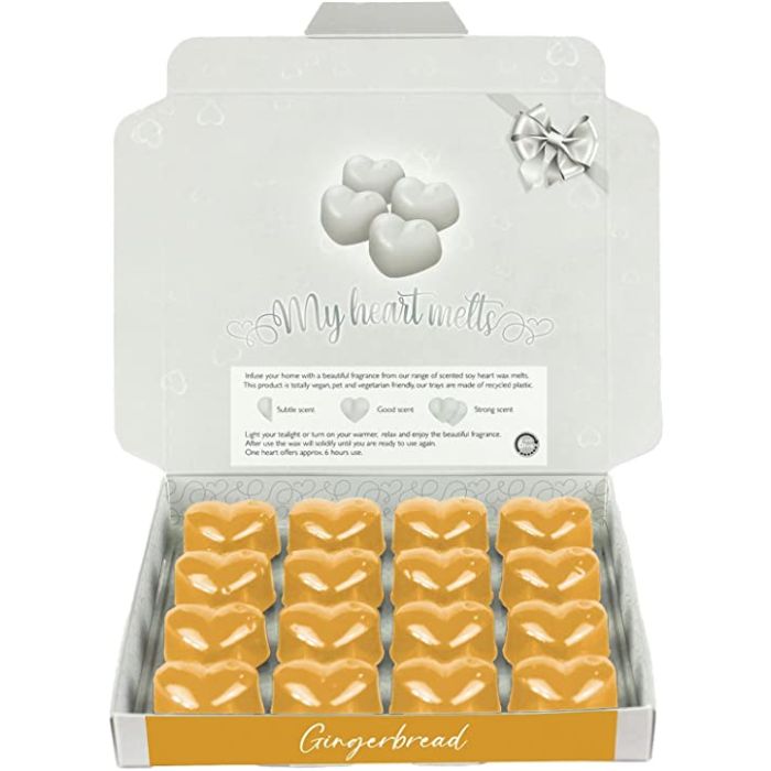 Gingerbread Wax Melts: 16 x 5g PCS Heart Shaped Scented Wax Melts in a Presentation Gift Box, Vegan & Pet Friendly, Cruelty Free, Candle Alternative