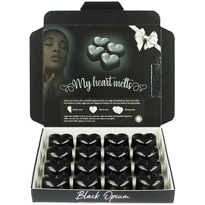 Black Opium Wax Melts: 16 x 5 g Heart Shaped Wax Melts Scented and Inspired by Black Opium Perfume in a Presentation Gift Box, Vegan & Pet Friendly, Cruelty Free, Candle Alternative