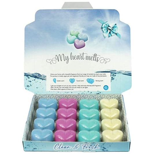 Clean and Fresh Mixed Wax Melts: 16 Heart Shaped Melts in a Presentation Gift Box, 4 pcs Each of Fresh Linen, Baby Powder, Fluffy Towels & Snow Pixie