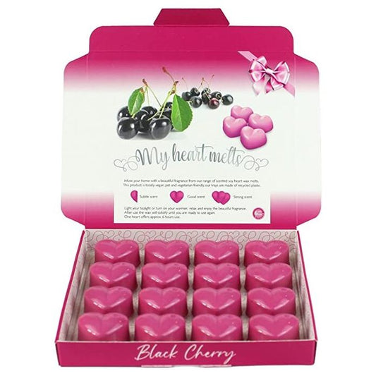 Cera derretida de cereza negra: 16 x 5 g de cera derretida en forma de corazón perfumada en una caja de regalo de presentación, vegana y apta para mascotas, libre de crueldad, alternativa a las velas 