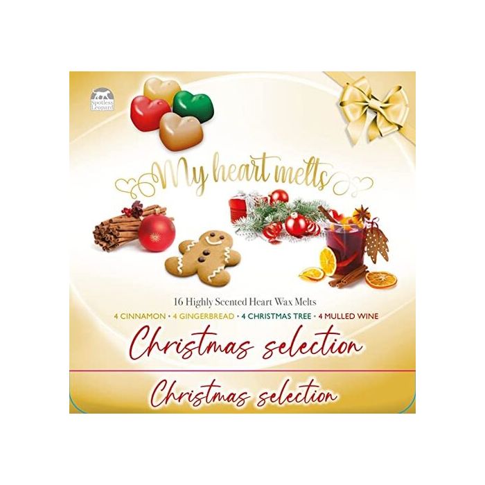 Weihnachtliche gemischte Wachsschmelzen: 16 herzförmige Wachsschmelzen in einer Geschenkbox, je 4 Stück Glühwein, Weihnachtsbaum, Lebkuchen, Zimt 