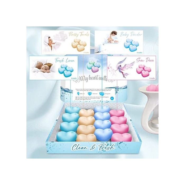 Clean and Fresh Mixed Wax Melts: 16 Heart Shaped Melts in a Presentation Gift Box, 4 pcs Each of Fresh Linen, Baby Powder, Fluffy Towels & Snow Pixie