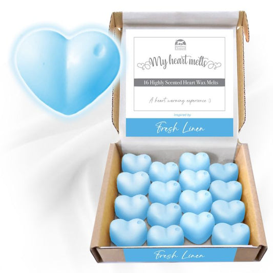 Fresh Linen Wax Melts: 16 pcs x 5g Heart Shaped Scented Wax Melts, Vegan & Pet Friendly, Cruelty & Plastic Free, Handmade in UK, Candle Alternative