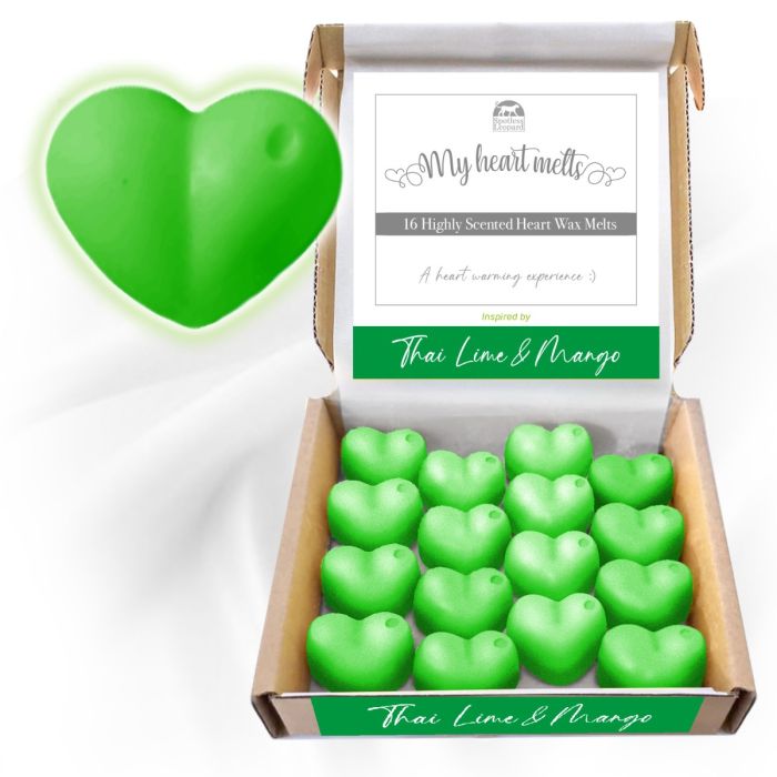 Thai Lime & Mango Wax Melts: 16 x5g PCS Heart Shaped Candles Gifts for Women, Vegan & Pet Friendly, Cruelty & Plastic Free, Mango and Lime Scented Wax Melts