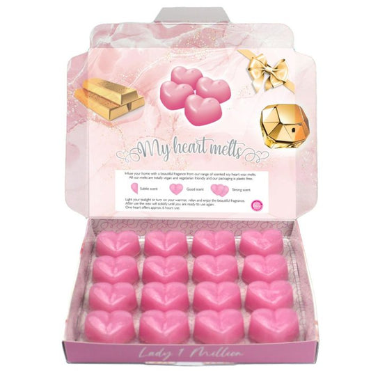 Lady Million Wax Melts, 16 x 5 g en forma de corazón Lady 1 Million Wax Melts, en caja de regalo de presentación, calidad premium, hecho a mano con amor, Lady One Million Perfume Wax Melts fuerte vela aromática alternativa 2 