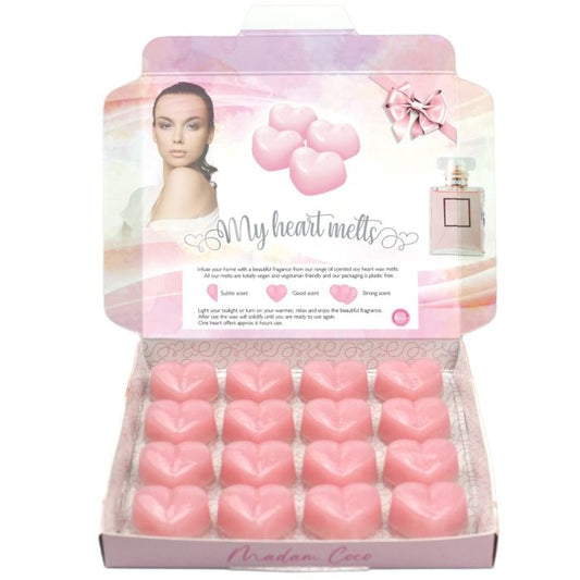 Madam Coco Wax Melts: 16 x 5 g de cera de perfume en forma de corazón derretida, perfumada e inspirada en el perfume Madame Coco, vegana y apta para mascotas, sin crueldad ni plástico, hecha a mano en el Reino Unido, alternativa a las velas 