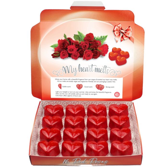 16 Red Roses Wax Melts: 16 x 5 g Heart Shaped Valentines Gifts for Her or Him in a Presentable Gift Box, Vegan Friendly, Romantic Anniversary Presents, Valentine Candle Alternative, Use as Valentines Decorations