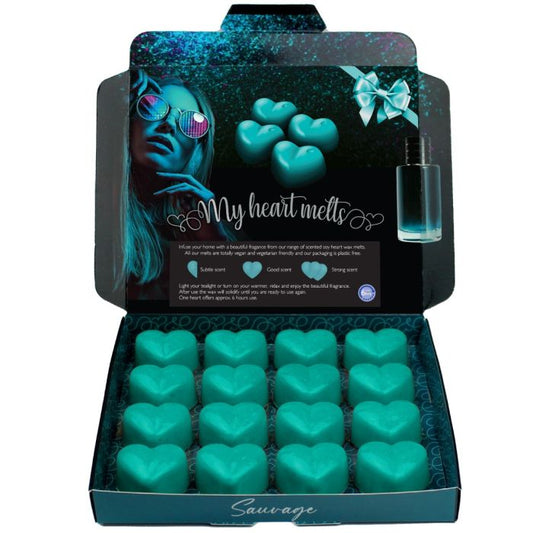 Sauvage Wax Melts: 16 x 5 g de cera derretida en forma de corazón, perfumada e inspirada en el perfume Sauvage, vegana y apta para mascotas, sin crueldad ni plástico, hecha a mano en el Reino Unido, alternativa a las velas 