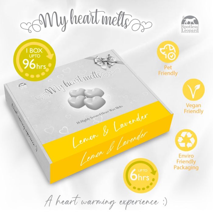 Lemon Lavender Wax Melts: 16 x 5g Heart Shape Scented Wax Melts in a Presentation Gift Box, Vegan & Pet Friendly, Cruelty Free, Candle Alternative