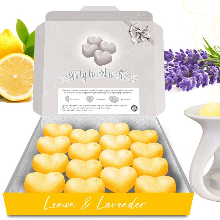 Cera derretida de limón y lavanda: 16 x 5 g de cera aromática en forma de corazón derretida en una caja de regalo de presentación, vegana y apta para mascotas, libre de crueldad animal, alternativa a las velas 