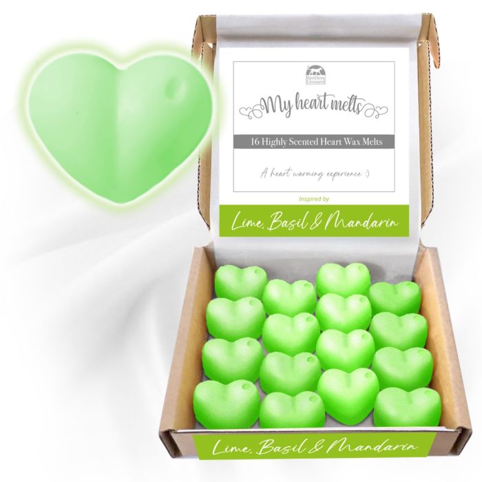 Lime Basil and Mandarin Wax Melts: 16 pcs Heart Shaped Wax Melts Scented with a Base of Essential Oils of Patchouli, Orange and Petitgrain, Candle Alternative