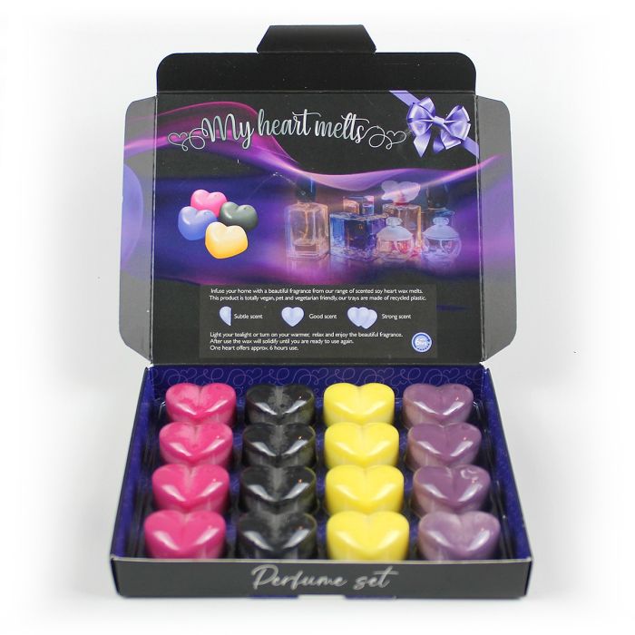 Mixed Perfume Wax Melts: 16 Heart Shaped Melts in a Presentation Gift Box, 4 pcs Each of Angel, Alien, Black Opium and Creed,Vegan & Pet Friendly, Cruelty Free