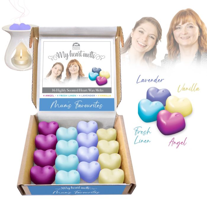 Favoritos de mamá - Cera derretida mixta - 4 de cada uno de 4 ángeles, 4 lino fresco, 4 lavanda, 4 cera de vainilla derretida Set de regalo para el día de la madre 16 x 5 g perfumado en forma de corazón. 