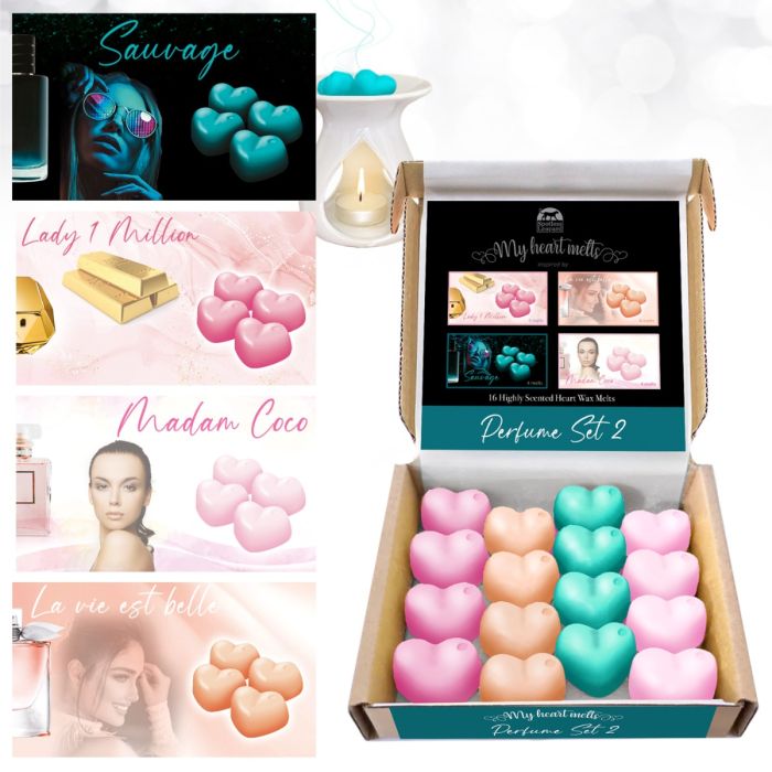 Mixed Perfume Wax Melts 2 - Madame Coco Sauvage La Vie Belle Lady Million Perfect Perfume Wax Melts in One Box of Strong Scented Wax Melts 16 pcs x 5 g Heart Shaped 96 Hours Burn Time