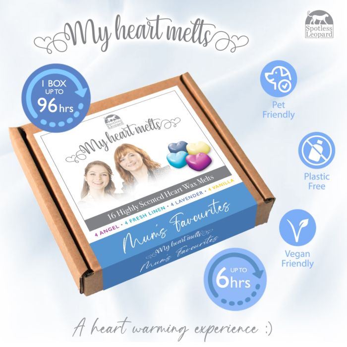 Favoritos de mamá - Cera derretida mixta - 4 de cada uno de 4 ángeles, 4 lino fresco, 4 lavanda, 4 cera de vainilla derretida Set de regalo para el día de la madre 16 x 5 g perfumado en forma de corazón. 