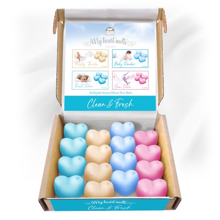 Cera derretida limpia y fresca: 16 x 5 g de cera aromática derretida en forma de corazón, vegana y apta para mascotas, libre de crueldad y plástico, alternativa a las velas 