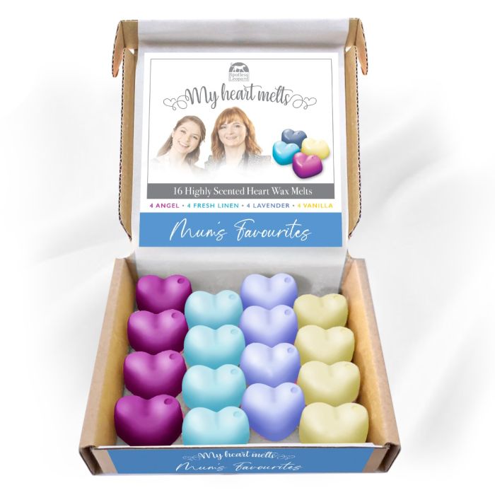 Mamas Favoriten – Gemischte Wachsschmelzen – je 4 Engel, 4 frisches Leinen, 4 Lavendel, 4 Vanille-Wachsschmelzen, Geschenkset für den Muttertag, 16 x 5 g, herzförmiger Duft. 