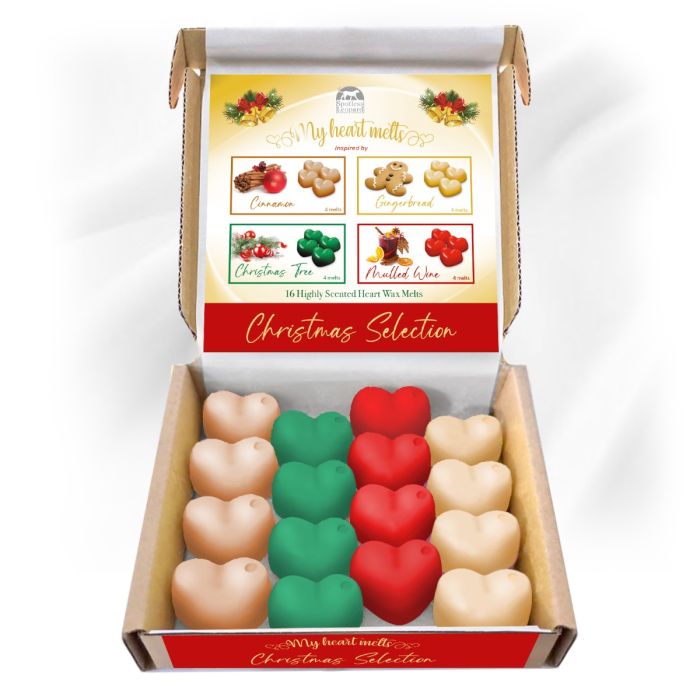 Christmas Wax Melts: 16 x 5g Heart Shaped Wax Melts Strong Scented Xmas Selection, Cinnamon, Gingerbread, Mulled Wine, Pine Christmas Tree, in Christmas Gifts Box, a Candle Alternative