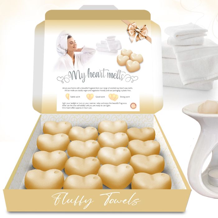 Fluffy Towels Wax Melts: 16 x 5g Heart Shaped Wax Melts Scented in a Presentation Gift Box, Vegan & Pet Friendly, Cruelty Free, Candle Alternative