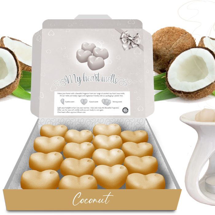 Coconut Wax Melts: 16 x 5g PCS Heart Shaped Scented Wax Melts in a Presentation Gift Box, Vegan & Pet Friendly, Cruelty Free, Candle Alternative