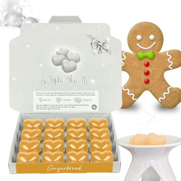 Gingerbread Wax Melts: 16 x 5g PCS Heart Shaped Scented Wax Melts in a Presentation Gift Box, Vegan & Pet Friendly, Cruelty Free, Candle Alternative