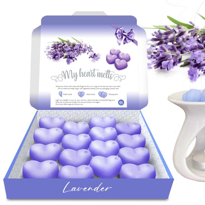 Cera derretida de lavanda: 16 piezas x 5 g de cera derretida en forma de corazón perfumada con lavanda en una caja de regalo de presentación, vegana y apta para mascotas, libre de crueldad y crueldad, alternativa a las velas 