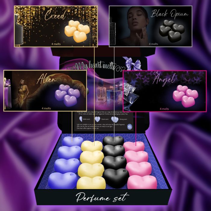 Mixed Perfume Wax Melts: 16 Heart Shaped Melts in a Presentation Gift Box, 4 pcs Each of Angel, Alien, Black Opium and Creed,Vegan & Pet Friendly, Cruelty Free