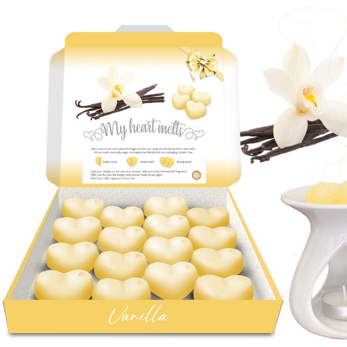 Vanilla Wax Melts: 16 x 5g Heart Shaped Wax Melts Scented in a Presentation Gift Box, Vegan & Pet Friendly, Cruelty Free, Candle Alternative