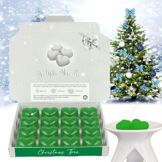 Weihnachtsbaum-Wachsschmelzen: 16 x 5 g herzförmige Duftwachsschmelzen in einer Geschenkbox, vegan und haustierfreundlich, tierversuchsfrei, Kerzenalternative 