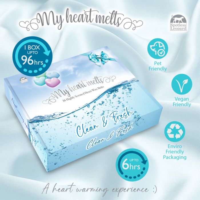 Clean and Fresh Mixed Wax Melts: 16 Heart Shaped Melts in a Presentation Gift Box, 4 pcs Each of Fresh Linen, Baby Powder, Fluffy Towels & Snow Pixie