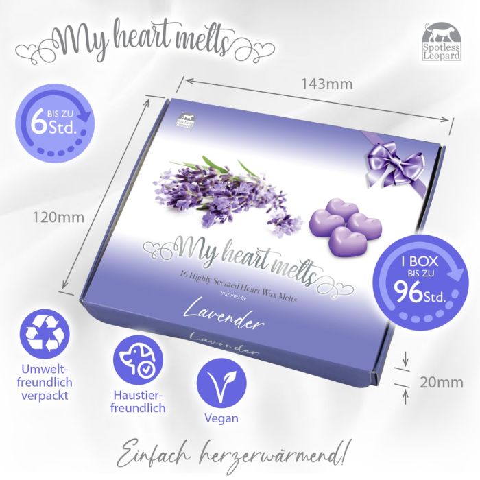 Lavendel-Wachsschmelzen: 16 Stück x 5 g herzförmige Wachsschmelzen mit Lavendelduft in einer Geschenkbox, vegan und haustierfreundlich, tierversuchsfrei und kerzenfrei 