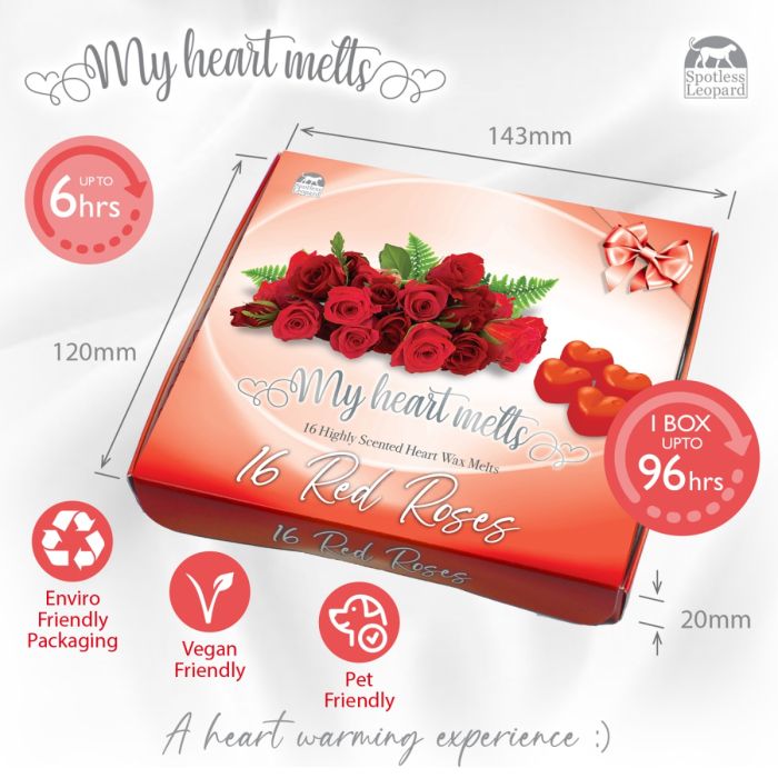 16 Red Roses Wax Melts: 16 x 5 g Heart Shaped Valentines Gifts for Her or Him in a Presentable Gift Box, Vegan Friendly, Romantic Anniversary Presents, Valentine Candle Alternative, Use as Valentines Decorations