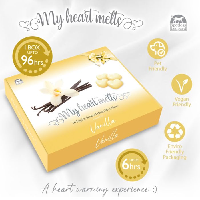 Vanilla Wax Melts: 16 x 5g Heart Shaped Wax Melts Scented in a Presentation Gift Box, Vegan & Pet Friendly, Cruelty Free, Candle Alternative