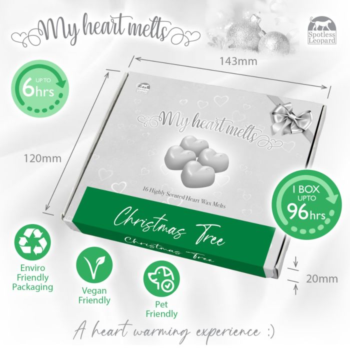 Christmas Tree Wax Melts: 16 x 5g PCS Heart Shaped Scented Wax Melts in a Presentation Gift Box, Vegan & Pet Friendly, Cruelty Free, Candle Alternative