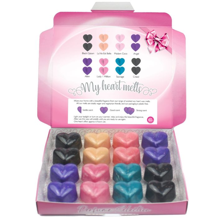 Mixed Perfume Wax Melts: 2 Pcs x 8 Different High Street Perfume Scented Wax Melts Heart Shaped in a Presentation Gift Box Candle Alternative